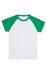A raglan T-shirt with white body and green sleeves. It has a logo on the collar area.