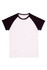A babies' raglan T-shirt with a white body and black sleeves. The shirt features a logo on the label.