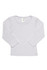 A white long-sleeve T-shirt for babies, featuring a round neckline and a label.