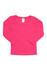 A pink long-sleeve T-shirt for babies, featuring a simple design and a label tag.