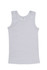 A white baby singlet featuring a sleeveless design and a simple, clean style, complete with a branding logo.
