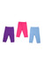 Three pairs of baby pants in purple, pink, and light blue, arranged side by side. Each pair has a simple design and elastic waistband.