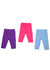 Three pairs of baby pants in purple, pink, and light blue, each with an elastic waistband. One pair has a logo.