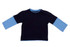 A kid's double sleeve T-shirt featuring a navy body and light blue sleeves, designed with a shoulder snap button.