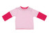 A pink and white kid's double sleeve T-shirt with long sleeves and a snap button at the shoulder.