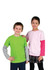 A green and grey double sleeve T-shirt on a boy, and a pink and grey double sleeve T-shirt on a girl, both smiling.