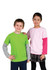 A green and grey double sleeve T-shirt on a boy, alongside a pink and grey double sleeve T-shirt on a girl.