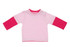 A pink and white kid's double sleeve T-shirt featuring long pink sleeves and a snap button at the shoulder.