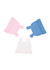 Three beanies in pink, blue, and white, each featuring bunny ears and a folded brim. The image includes a logo.