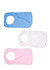 Three organic kids bibs in blue, white, and pink, featuring rounded neck openings and a logo on each.