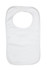 A plain white organic kids bib featuring a large neck opening and stitched edges. It has a logo on the side.
