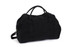 A black duffle bag with curved design and dual handles, featuring an adjustable shoulder strap and a logo.