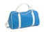 A blue duffel bag with white straps and trim, featuring a logo on one side.