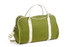 A green bag with white accents and handles, featuring a shoulder strap and a branding logo.