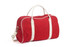 A red bag with white trim and handles, featuring a detachable shoulder strap and a branding logo.