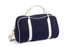 A navy bag with white accents and straps, featuring a shoulder strap and a logo.