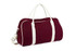 A burgundy bag with white straps and handles, featuring a logo on the side.