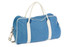 A blue denim bag with white detailing and handles, featuring a detachable shoulder strap.