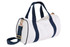 A white Mini Contrast Bag with navy handles and strap, featuring a stylish design and a gold-tone zipper.