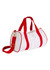 A white mini contrast bag with red accents and handles, featuring a detachable shoulder strap and a logo.