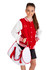 A girl in a red and white varsity jacket holds a white and red Mini Contrast Bag with a shoulder strap.