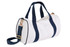 A white mini contrast bag with navy blue straps and a gold zipper, featuring a branding logo.