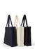 A set of three heavy tote bags in black, cream, and navy, each featuring sturdy handles and a logo.