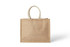 A natural beige jute tote bag with sturdy handles, featuring a simple design and no visible branding.