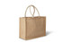 A natural jute bag with two cream-coloured handles, featuring a simple, unbranded design.