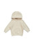 A beige kangaroo pocket hoodie for babies, featuring a hood and long sleeves. It has a logo on it.