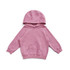 A pink kangaroo pocket hoodie for babies, featuring a hood and soft fabric. It includes a logo on the front.