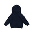 A navy blue hoodie for babies featuring a kangaroo pocket and a hood. The back view is presented.
