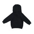 A black kangaroo pocket hoodie for babies, featuring a hood and long sleeves. Includes a logo on the garment.