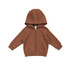 A brown cotton hoodie with a zip pocket and a hood, featuring a front pouch and branding.