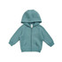 A teal hoodie with a zip, featuring a kangaroo pocket and a hood. It has a logo on the label.