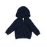 A navy blue kangaroo zip pocket hoodie with a hood and front pocket. It features a logo on the label.