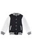 A black and white varsity jacket featuring a button-up front and striped cuffs. It has a logo on the chest.