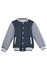A grey and navy varsity jacket featuring white stripes, ribbed cuffs, and a snap-button closure.