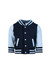 A navy and light blue varsity jacket for babies featuring contrasting sleeves and striped cuffs.