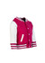 A pink and white varsity jacket featuring a button-up front and striped cuffs, designed for babies.