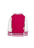 A babies' varsity jacket featuring a pink body and white sleeves, with striped cuffs and a logo on the back.