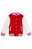 A red varsity jacket with white sleeves, featuring a logo and striped detailing on the cuffs and collar.