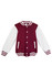 A maroon and white varsity jacket featuring striped cuffs and a button-up front. It has logo branding on it.