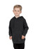 A grey fleece hoodie for babies with a front pocket and a hood, displayed on a child. It features a logo.