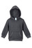 A dark grey hoodie with a kangaroo pocket and a hood. It includes a label and features long sleeves.