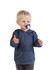 A toddler wearing a navy blue hoodie with a hood and a front pocket, holding a pacifier in their mouth.