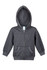 A grey zip hoodie for babies with a hood and front pockets, featuring a logo on the label.