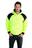 A bright yellow hoodie with black contrast panels, featuring a logo and a front pocket.