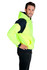 A bright yellow hoodie with black contrast panels, featuring a hood and a front pouch pocket. It has a logo.