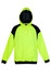 A bright yellow hoodie with black contrast panels and a front pocket, featuring a hood and a logo.